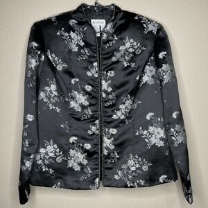 Metaphor Black & Silver Brocade Floral Embroidered Mandarin Style Jacket Sz M